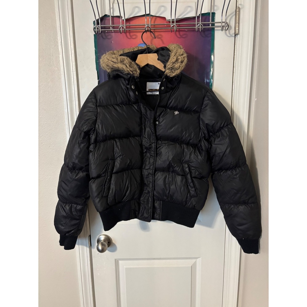 Southpole Black Puffer Jacket Faux Fur Hood Quilted Bomber Coat Women XL y2k